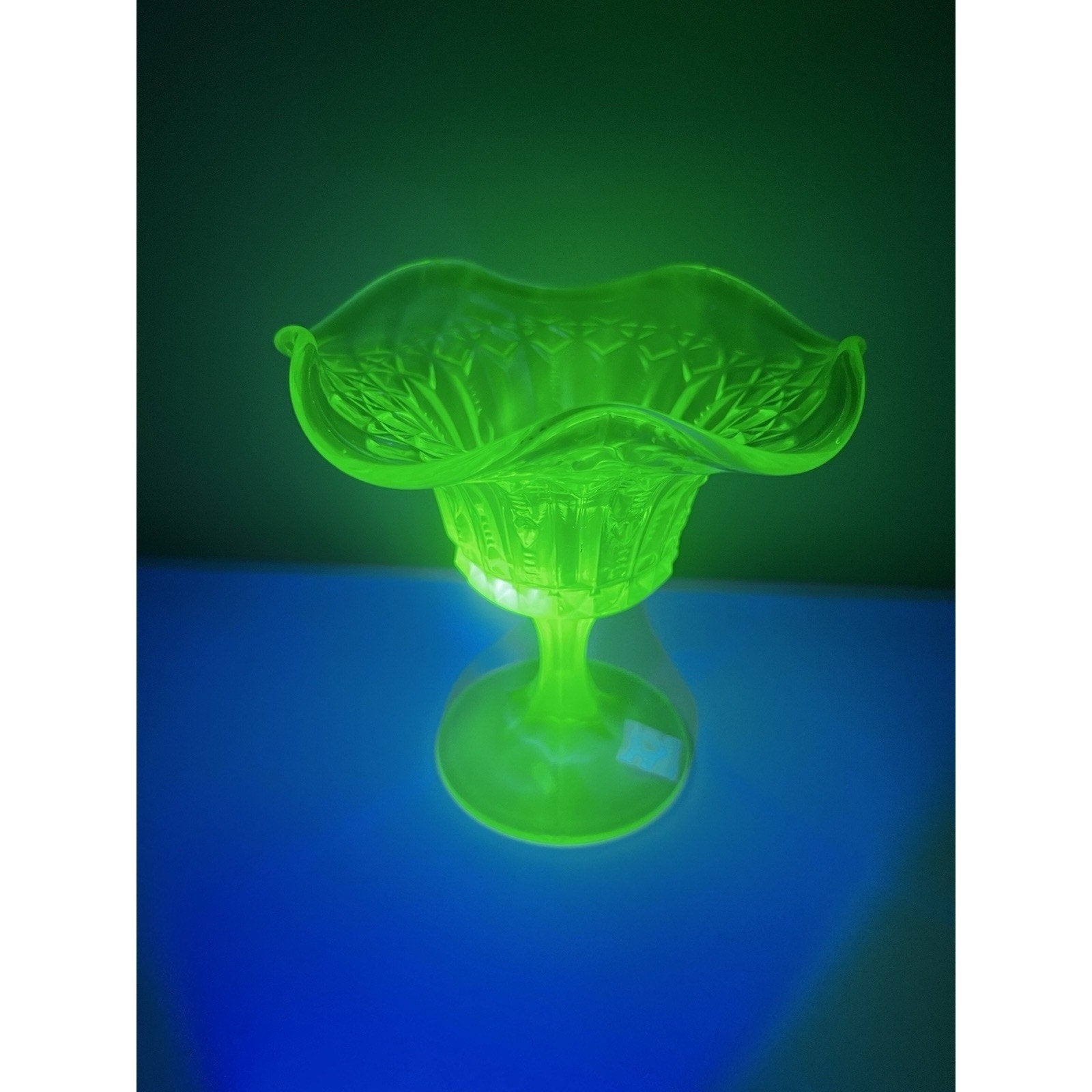 Kanawha Glass Green Uranium Pedestal Compote Candy Dish Glows Vintage 5.5"