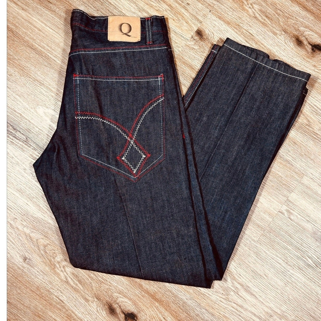 Q by Qruel Y2K Dark Wash Designer Jeans Contrast Stitch Straight Leg Men’s 36x33