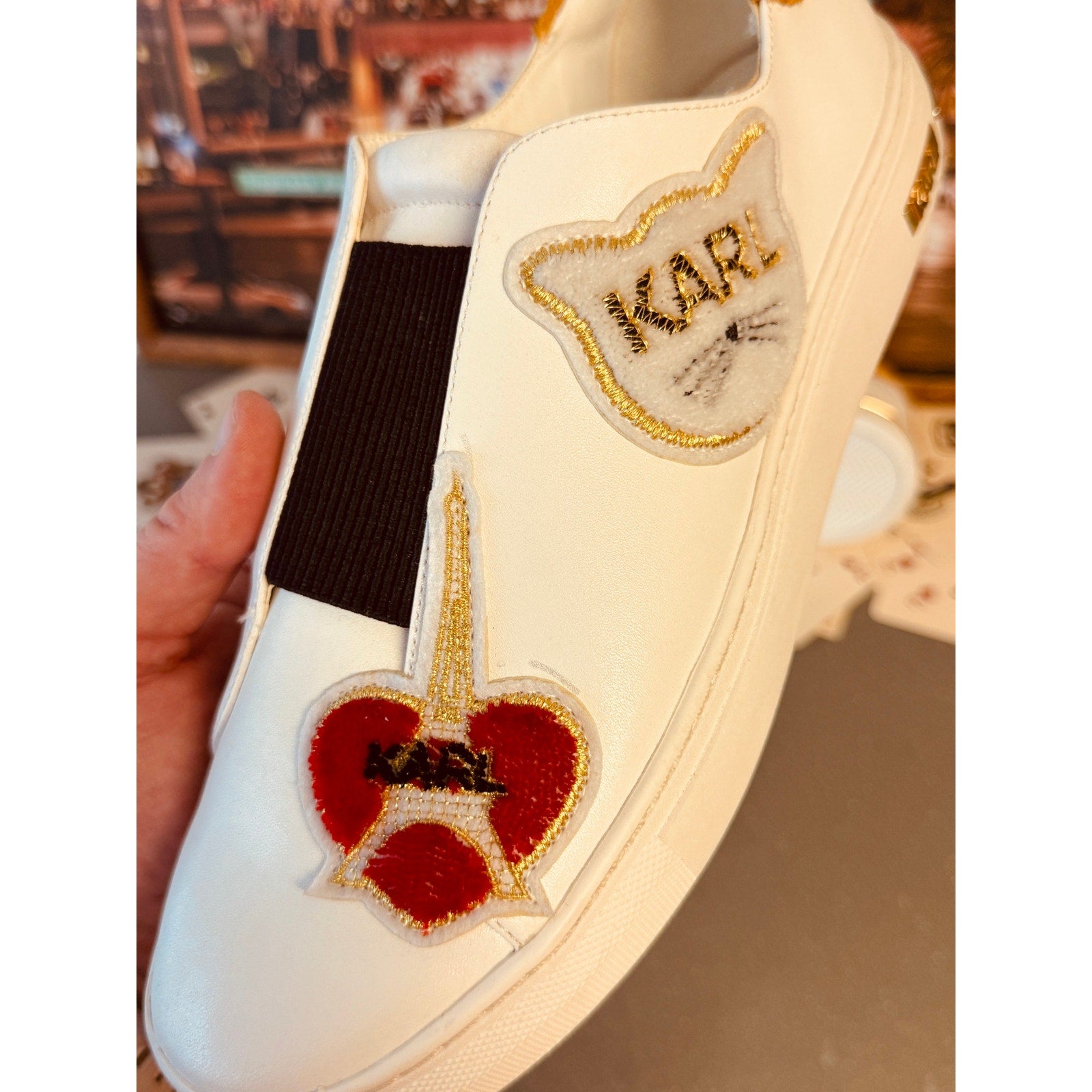 Karl Lagerfeld Paris Women’s Slip On Sneakers White Leather Cat Logo Patch 9.5