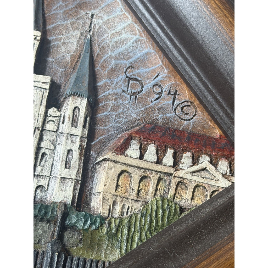 Vintage Jackson Square New Orleans Woodgraph Hand Painted Framed Art Signed 7x7