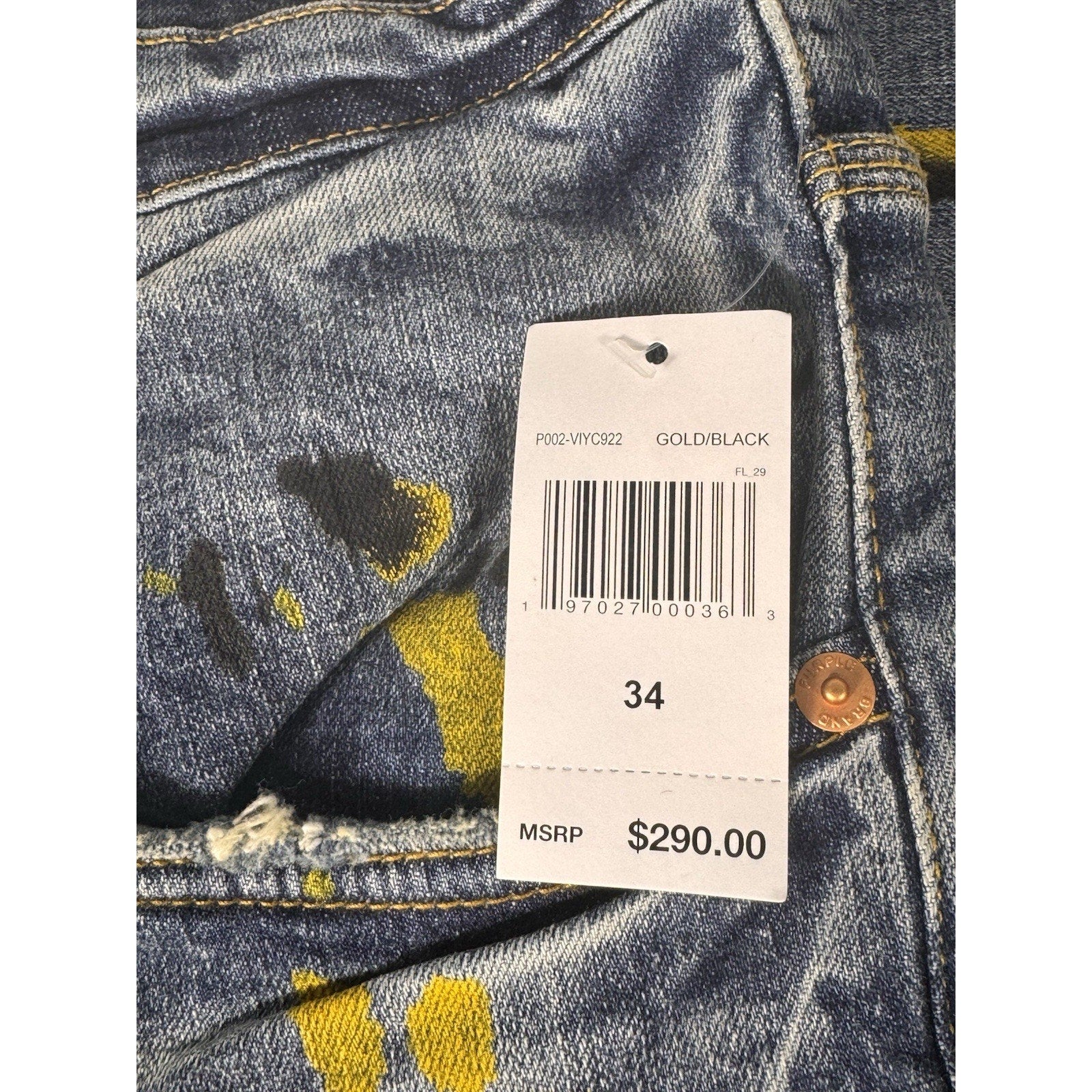 $290 Rare Purple Brand P002 Atlanta Exclusive Gold Paint Splatter Jeans Sz 34x34
