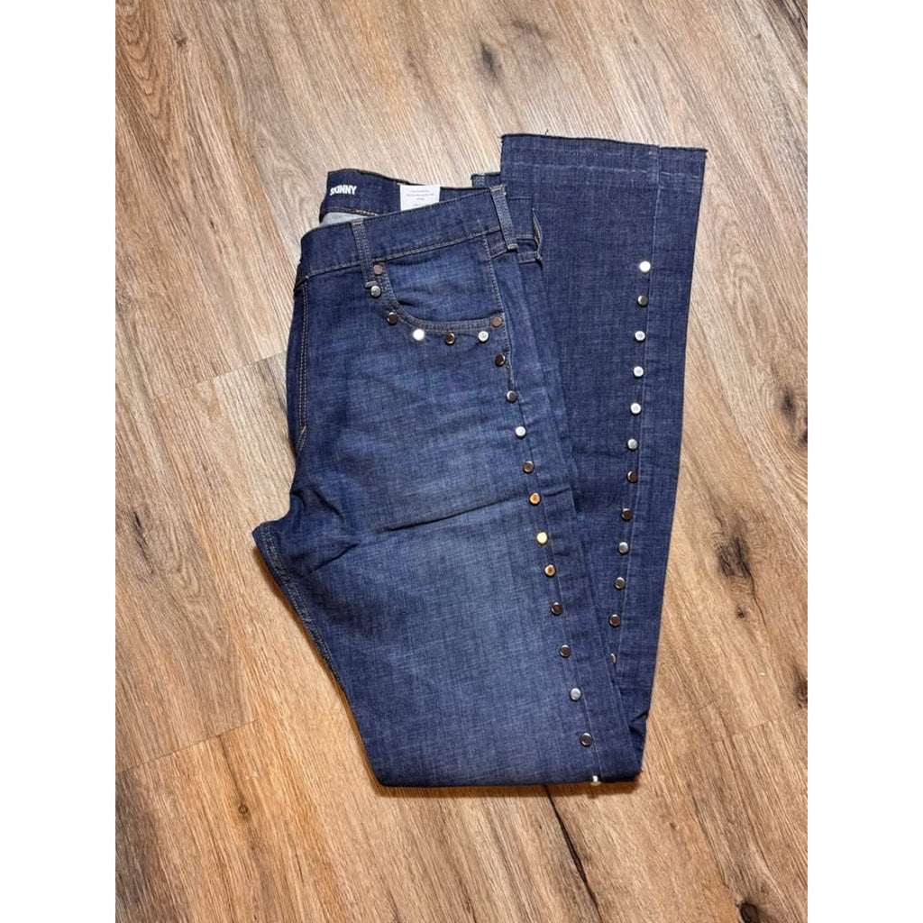 Rare Wrangler Aura Skinny Jeans Studded Dark Wash 38x36 Raw Hem Stretch