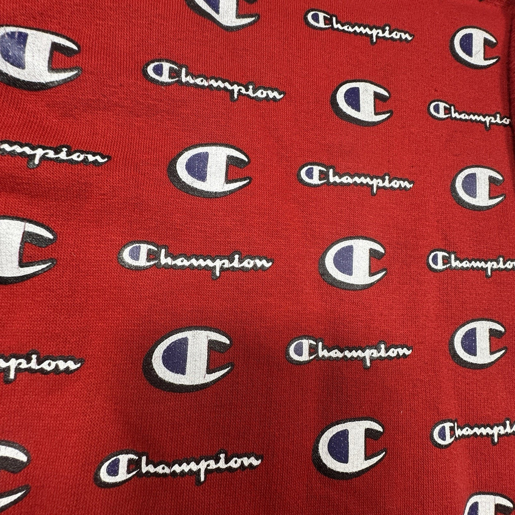 Champion All Over Logo Print Hoodie Mens M Red Pullover Sweatshirt Spell Out AOP