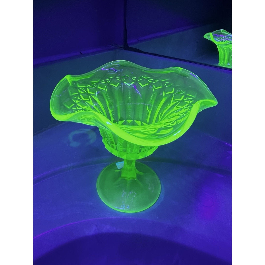Kanawha Glass Green Uranium Pedestal Compote Candy Dish Glows Vintage 5.5"