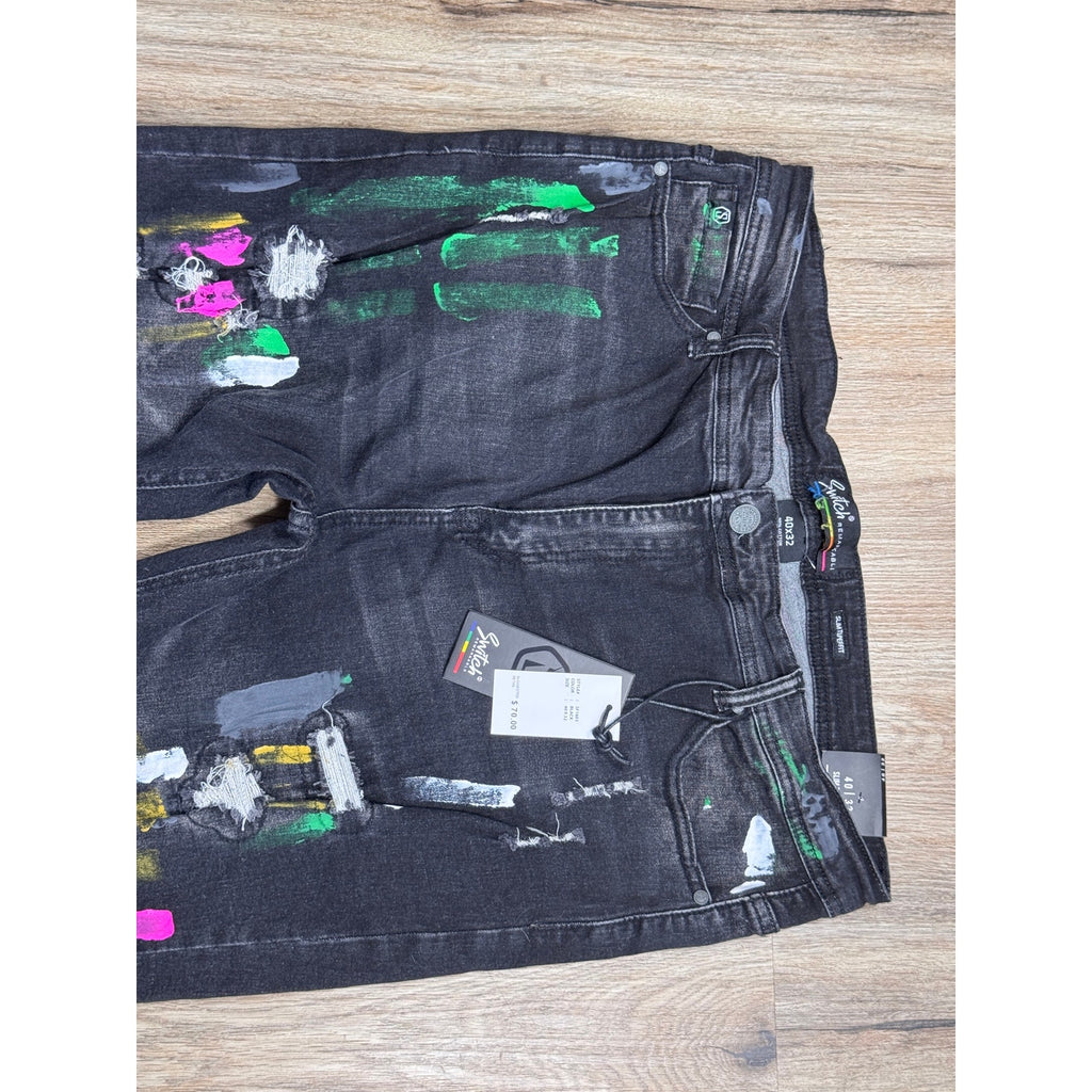 Switch Remarkable Distressed Paint Splatter Jeans Men’s 40x32 Slim Taper Black Denim NWT