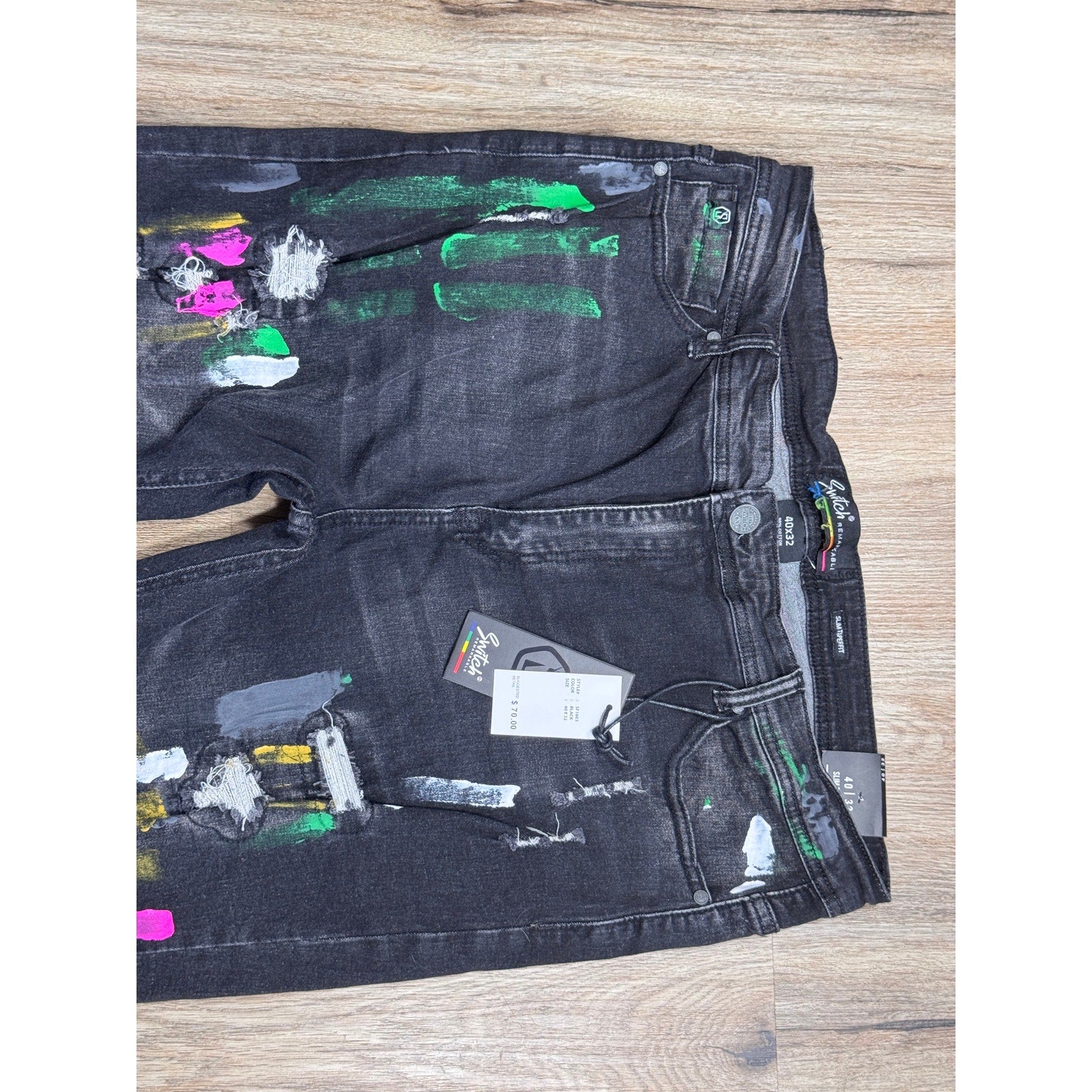 Switch Remarkable Distressed Paint Splatter Jeans Men’s 40x32 Slim Taper Black Denim NWT