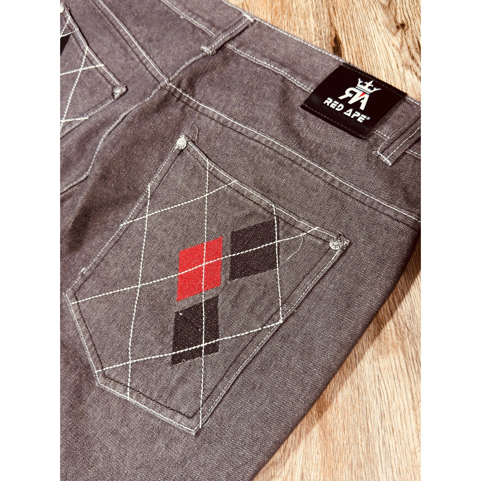 Red Ape Y2K Gray Baggy Jeans Argyle Pocket Embroidered Denim 44x33 Rare Streetwear