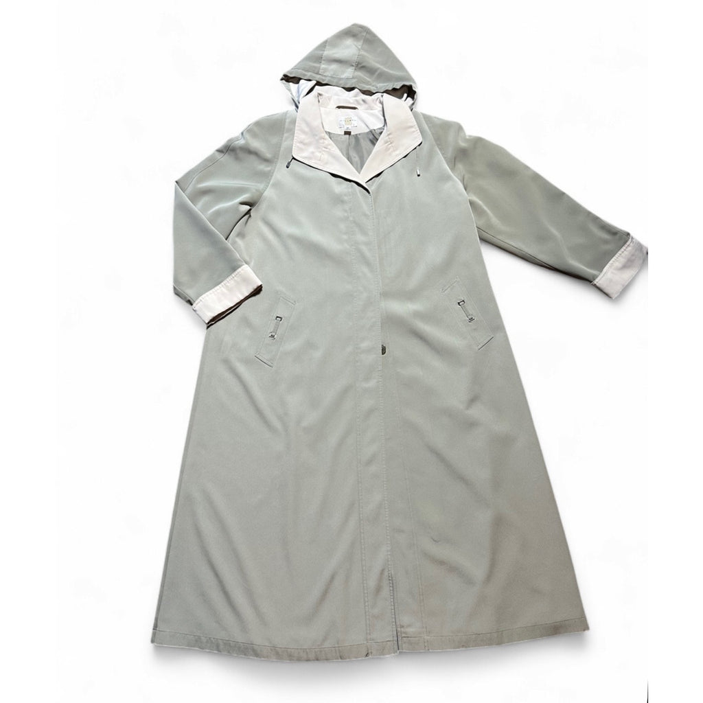 Vintage Gallery Sage Green Hooded Trench Coat Long Rain Jacket Women XL
