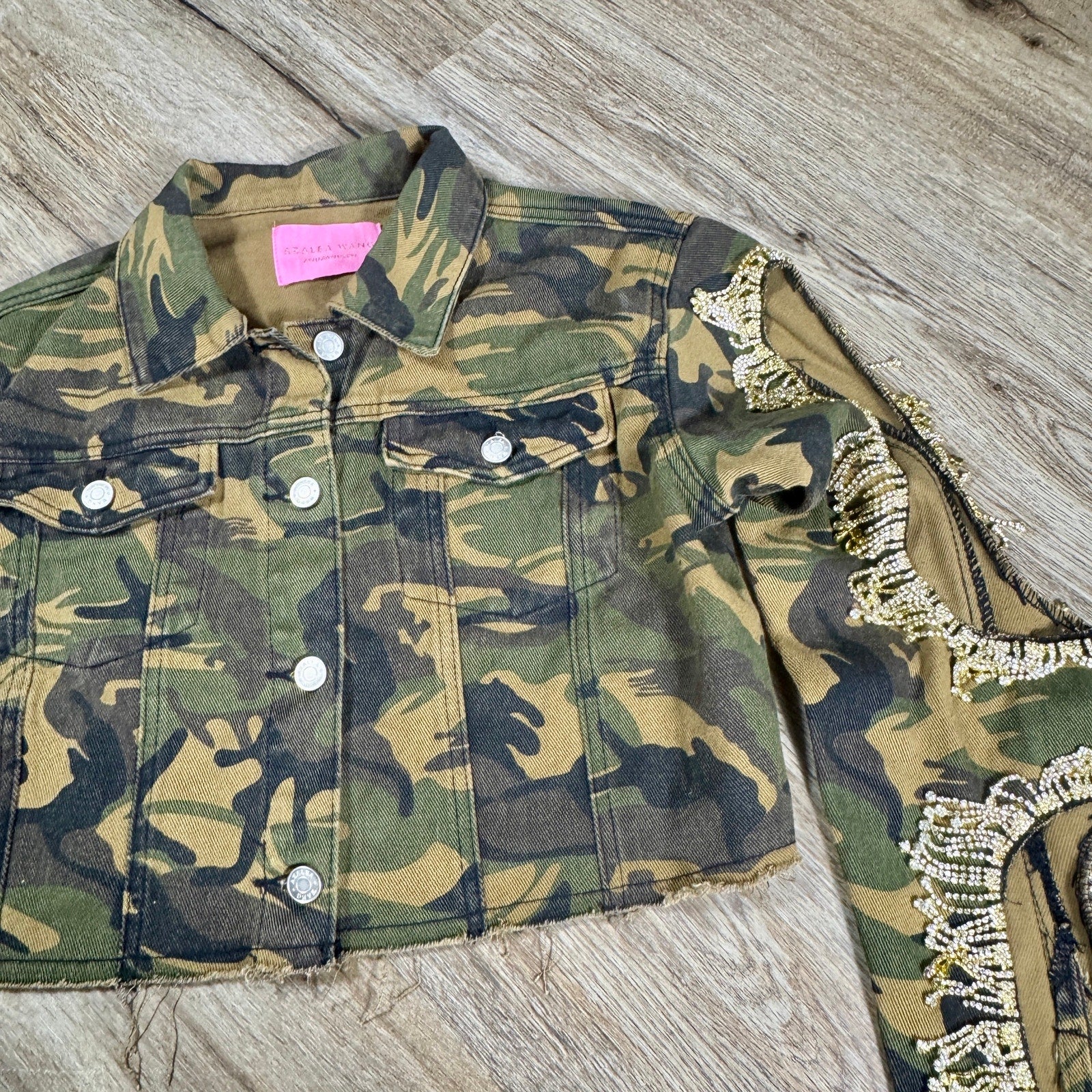 Azalea Wang Camo Rhinestone Fringe Cold Shoulder Cropped Trucker Jacket Small S