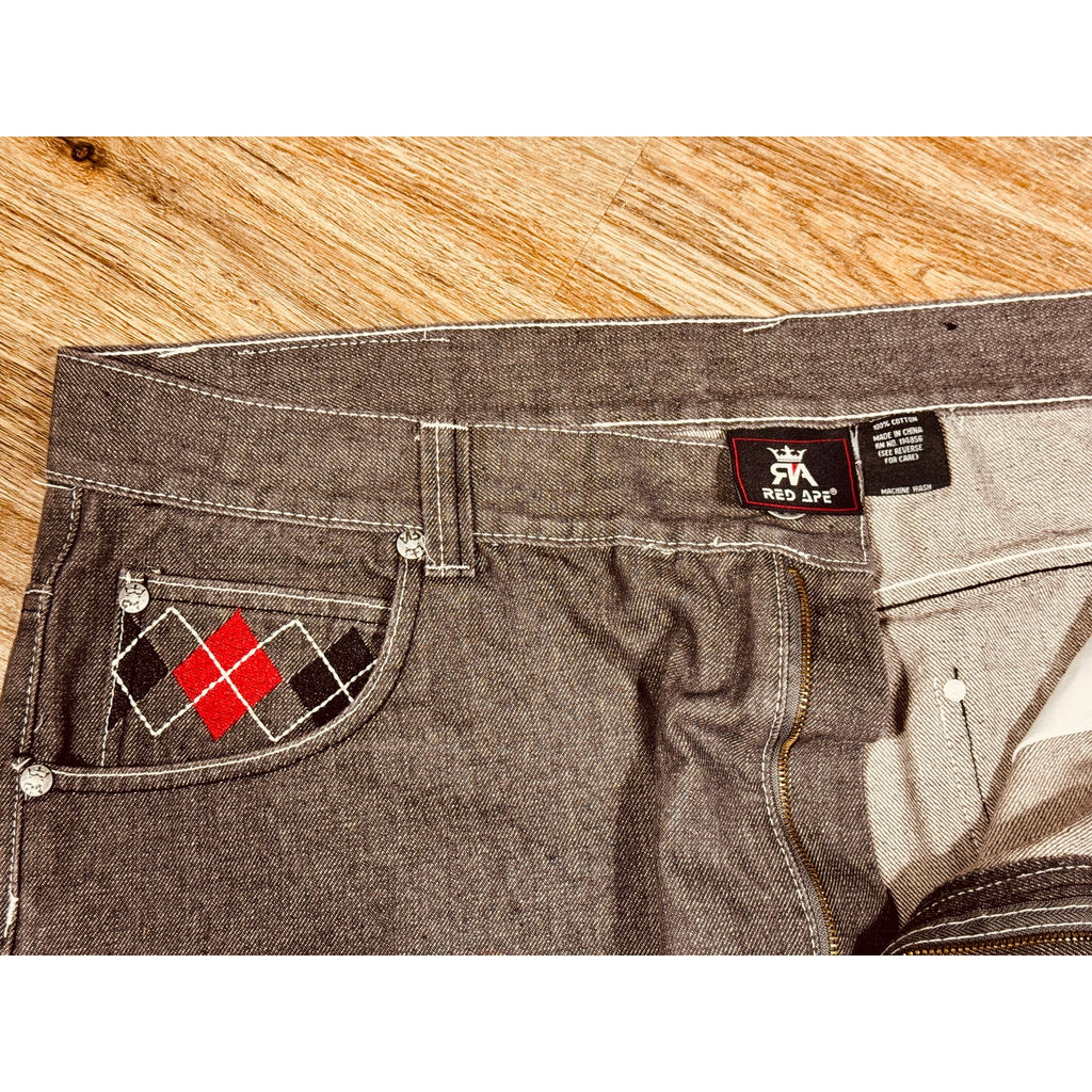 Red Ape Y2K Gray Baggy Jeans Argyle Pocket Embroidered Denim 44x33 Rare Streetwear