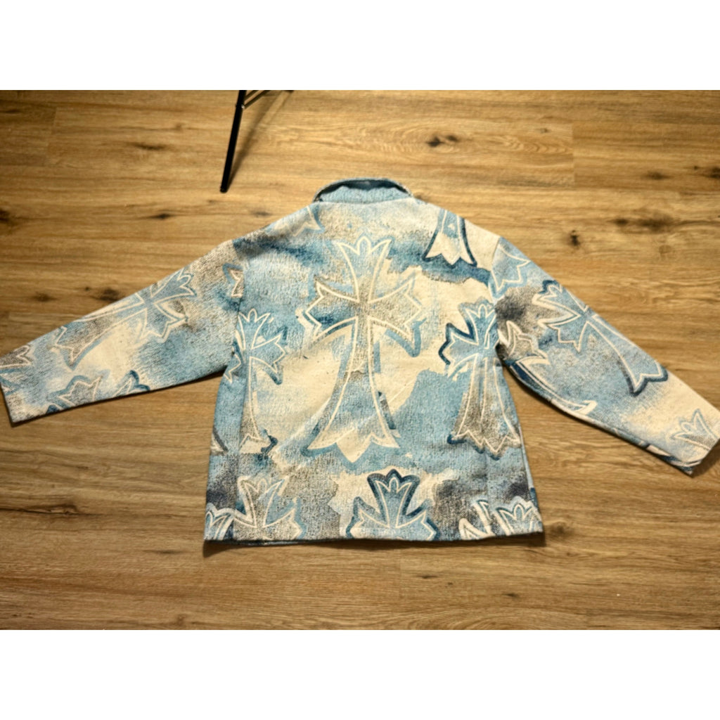 Gothic Cross Tapestry Jacket Blue CreamBoxy Streetwear L Large Rebel Vengeance