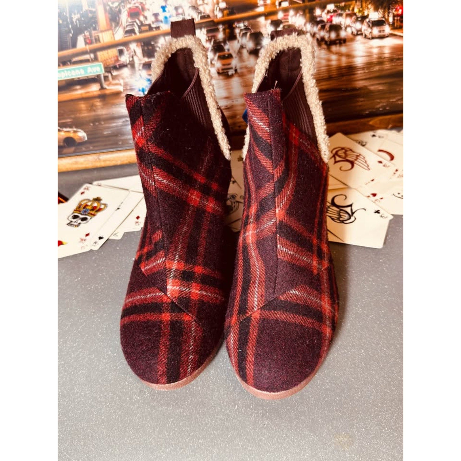 Copied - TOMS Women’s Kelsey Wedge Ankle Boots Sz 5 Red Earthy Plaid Wool Blend