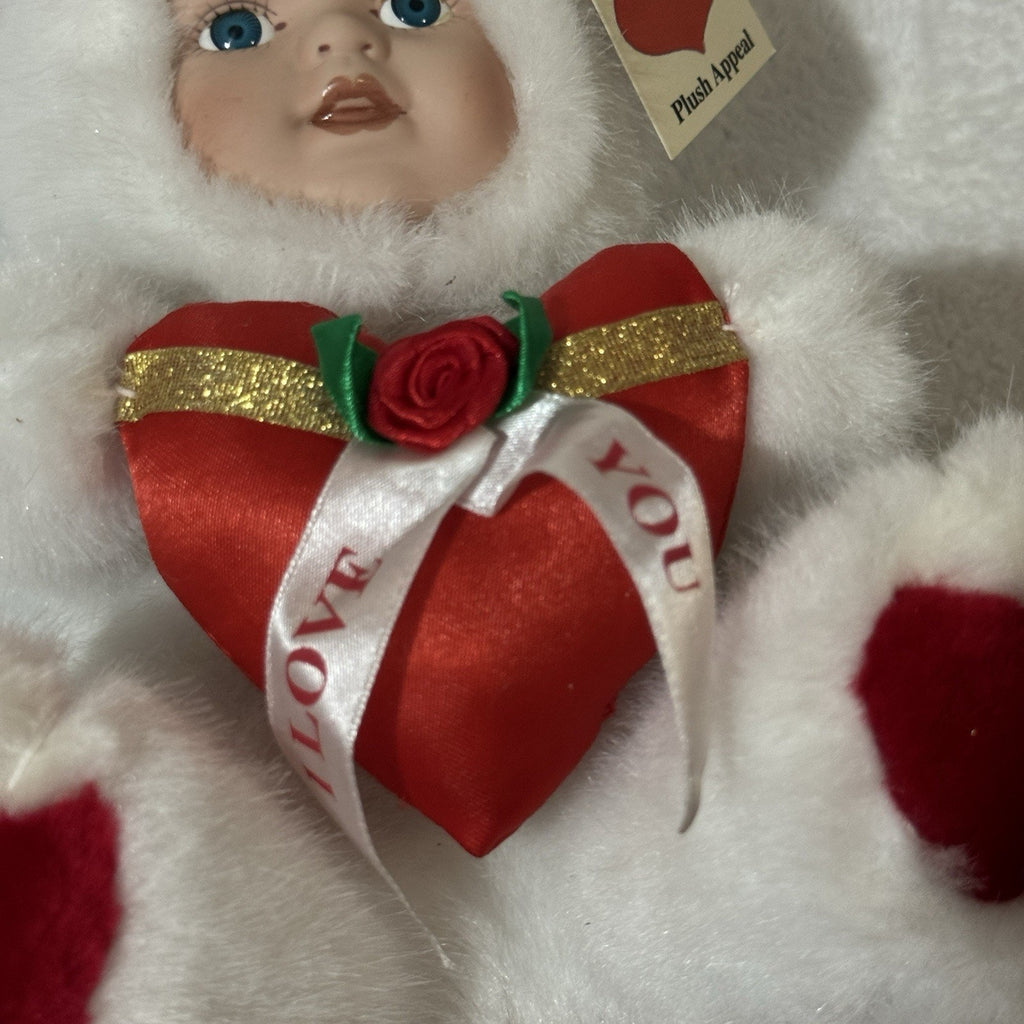 Plush Appeal Valentine Angel Bear Plush Doll White Faux Fur Red Heart Blue Eyes