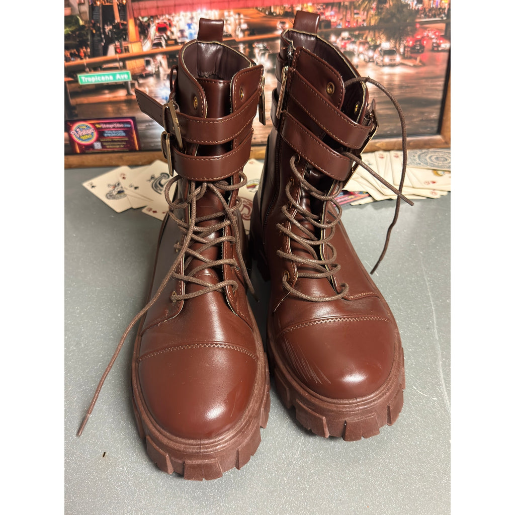 Brown Chunky Platform Combat Boots Women’s Size 6 Lug Sole Buckle Strap Lace Up