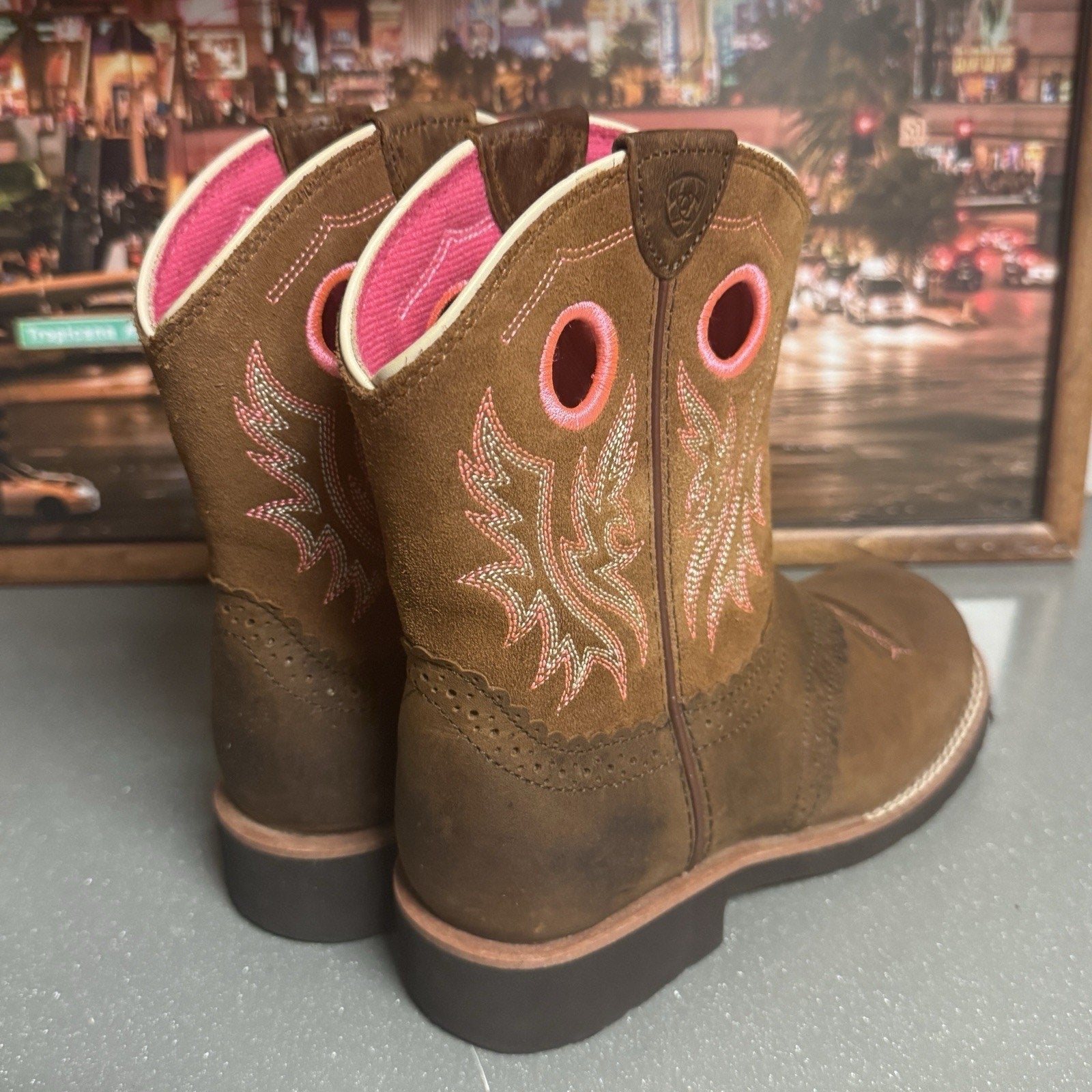 Ariat Fatbaby Girls Western Cowboy Boots Brown Pink Leather Square Toe US 3.5
