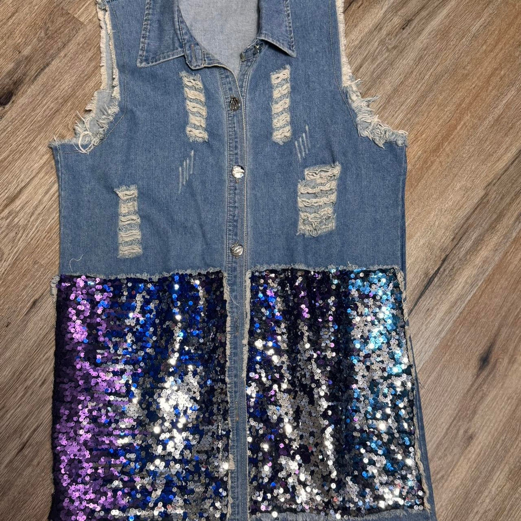 Women's Y2K Distressed Denim Sequin Vest Jacket Festival Rave Glam Large