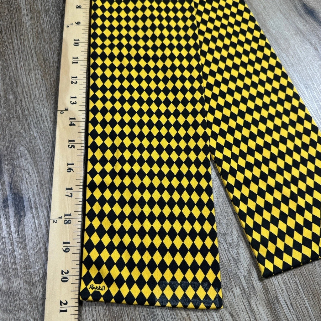 Vtg Rakkei Rama World Geometric Checkered Flight Scarf Yellow Black USA 41.5”