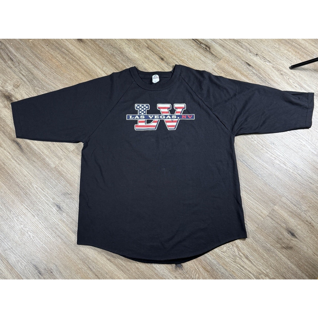 Vtg Y2K Baggy Las Vegas NV USA Flag Raglan Baseball Jersey Shirt 3/4 Sleeve 2XL