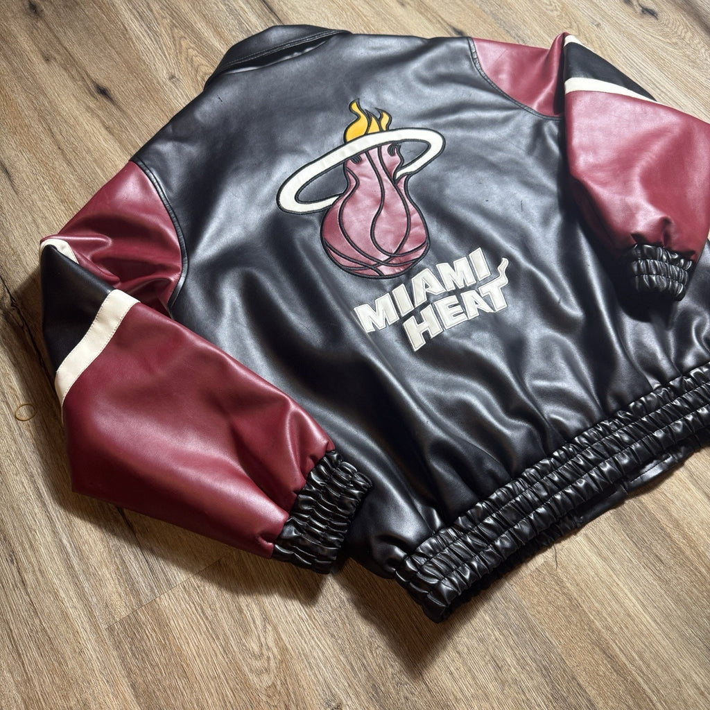 Vintage Y2K Miami Heat NBA Basketball Black Leather Bomber Jacket Men’s XL RARE