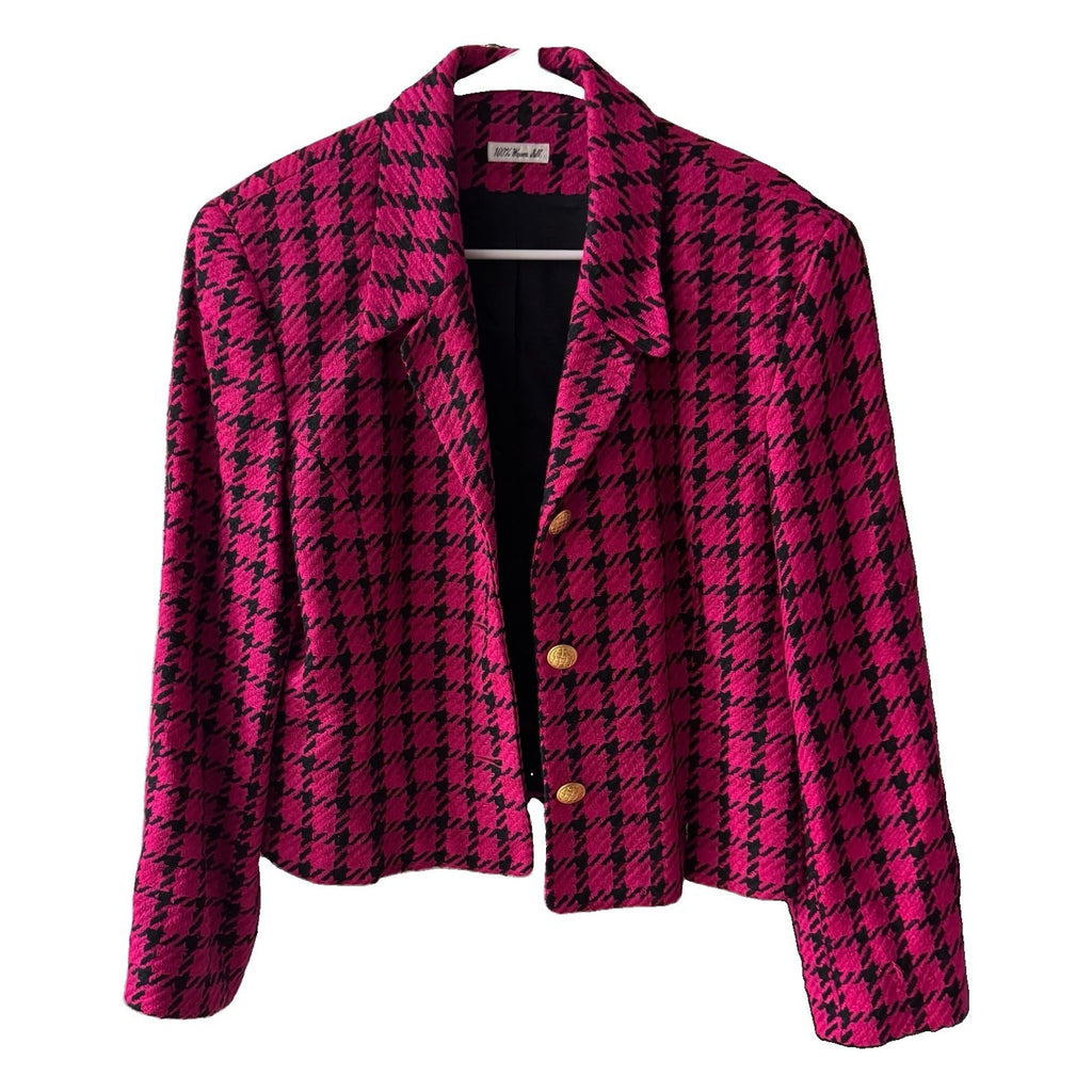 Vintage Doncaster 100% Silk Pink Black Houndstooth Blazer Women’s Size 10