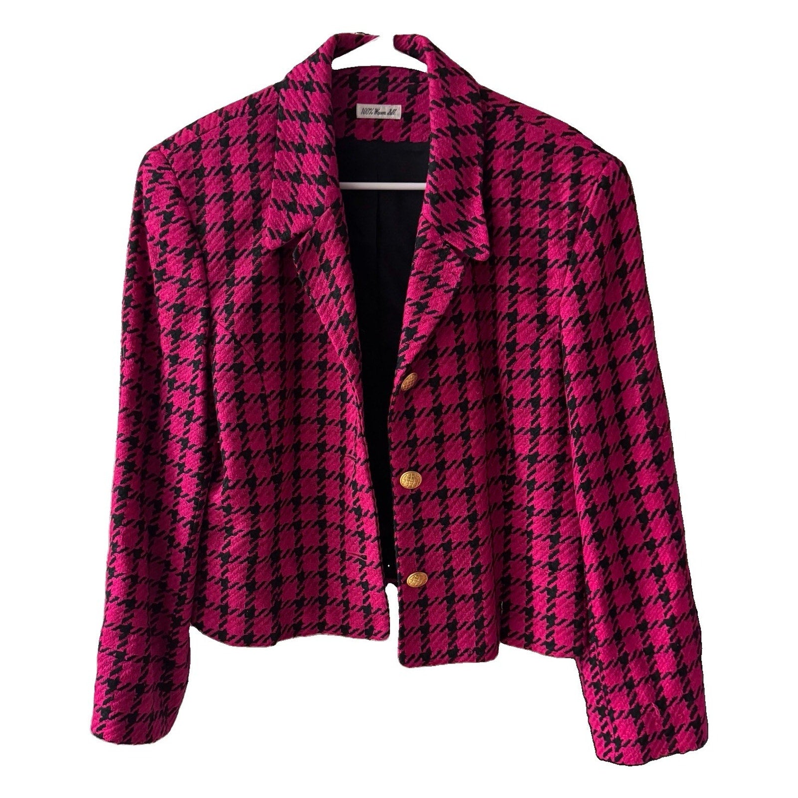 Vintage Doncaster 100% Silk Pink Black Houndstooth Blazer Women’s Size 10
