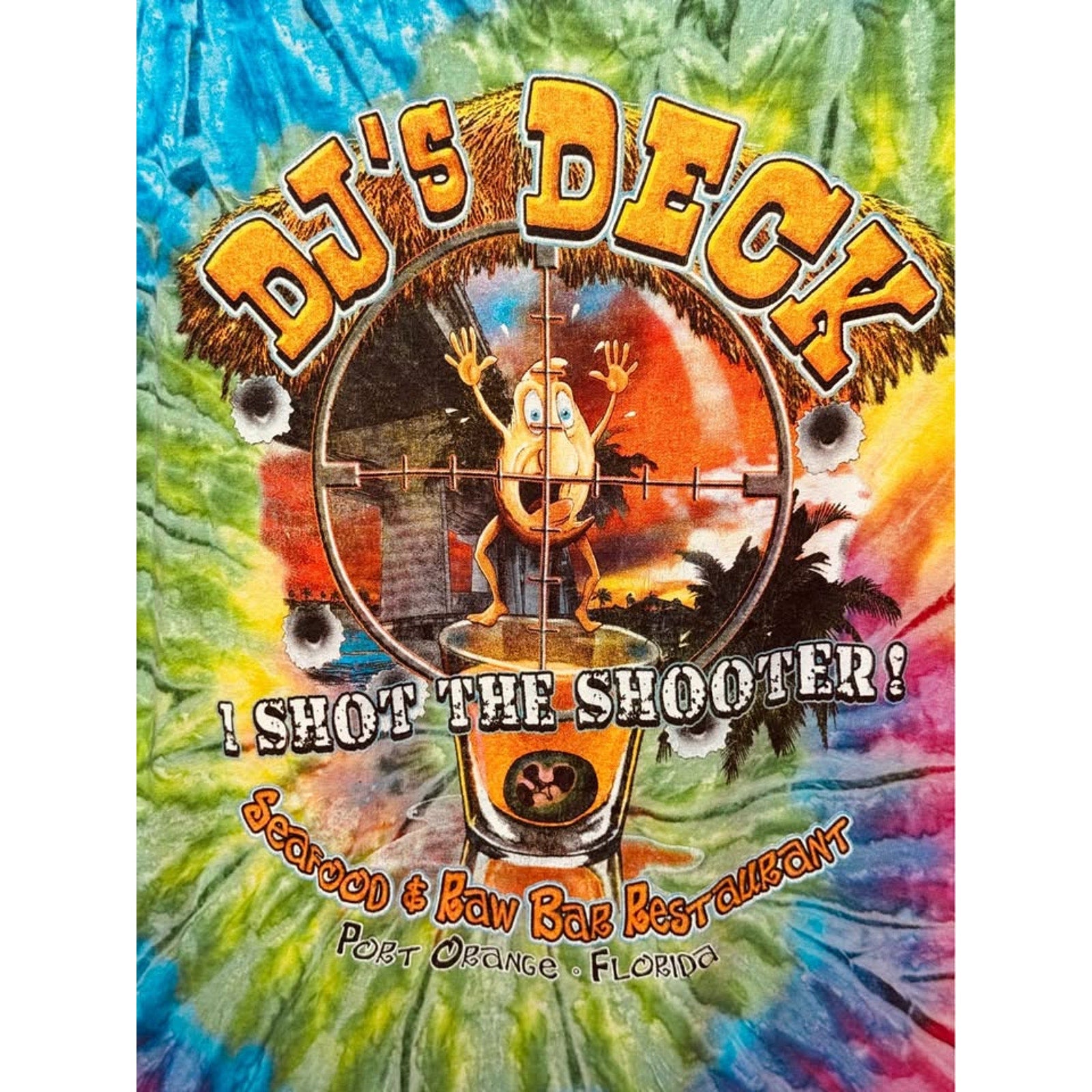 DJ’s Deck Port Orange Florida Tie Dye Seafood Raw Bar Graphic T Shirt XL Gildan