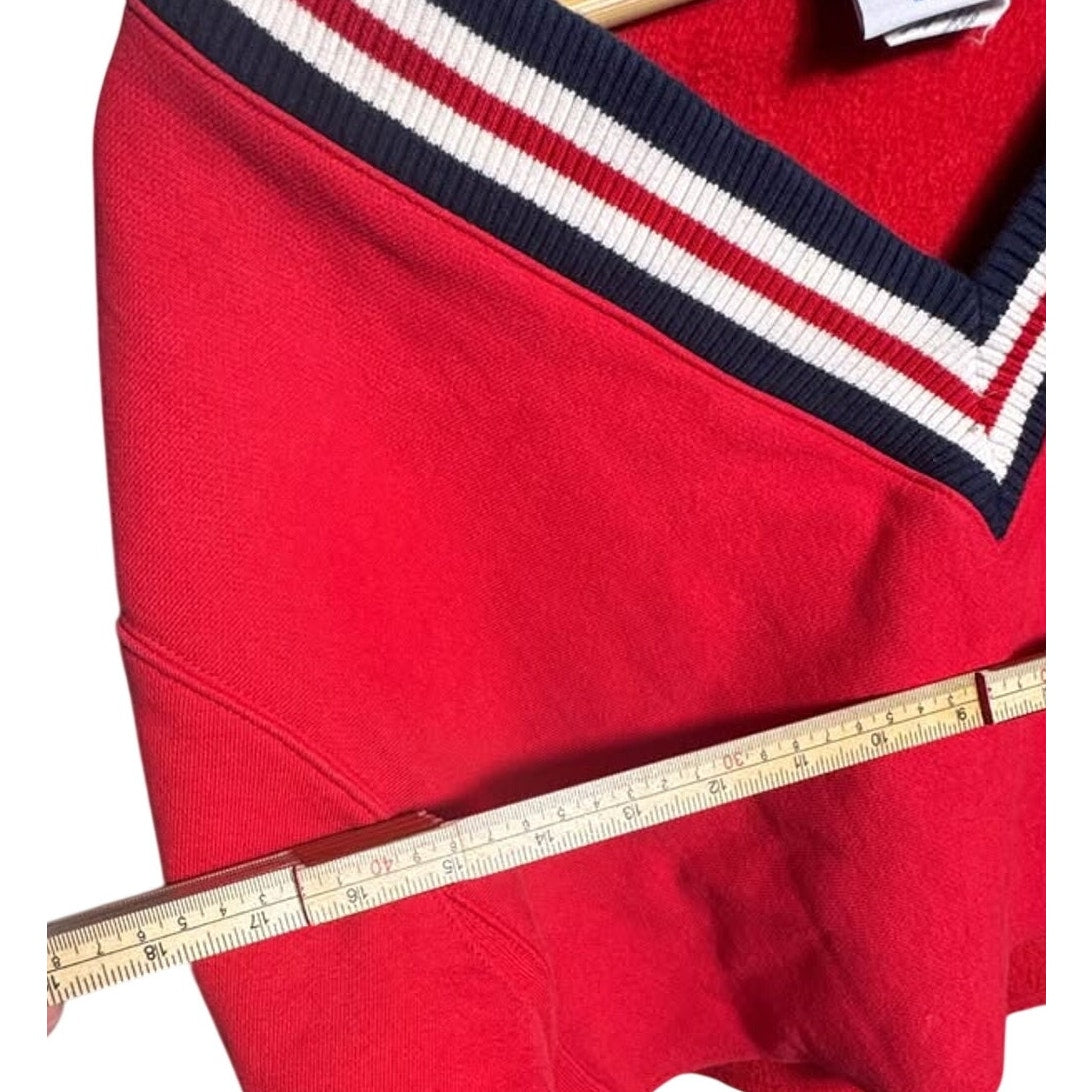 Champion Reverse Weave Cropped V-Neck Sweatshirt Red Women's Small Varsity