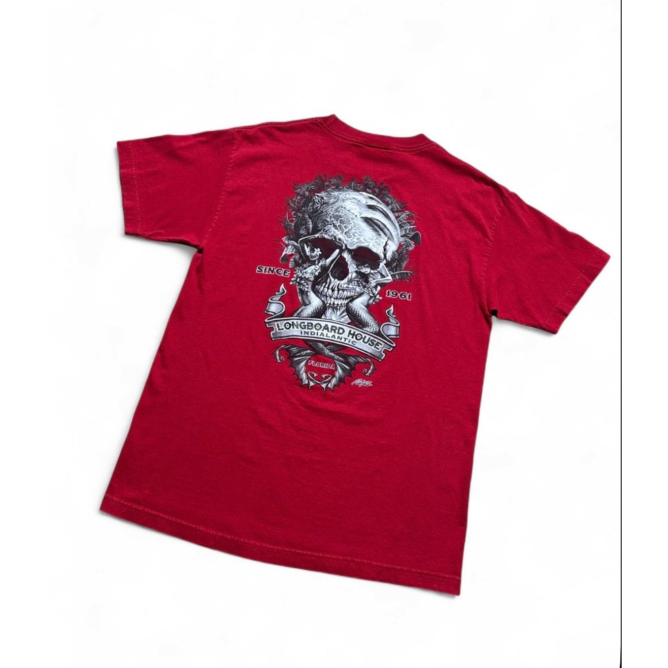 Longboard House Indianatlantic Florida Skull Graphic T Shirt Red Mens Large Y2K