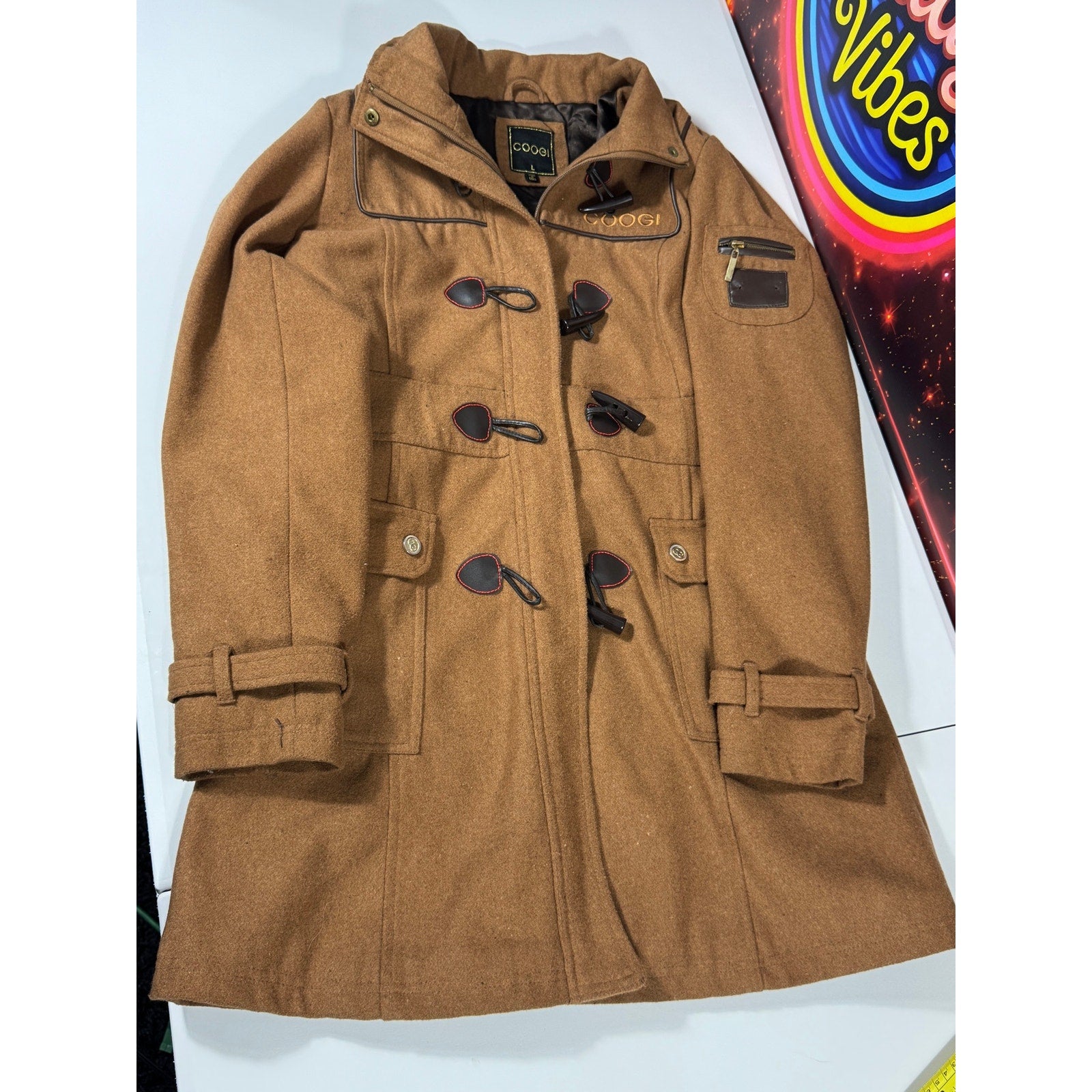 COOGI Wool Blend Toggle Duffle Coat Camel Brown Faux Fur Hood Womens Large 2012