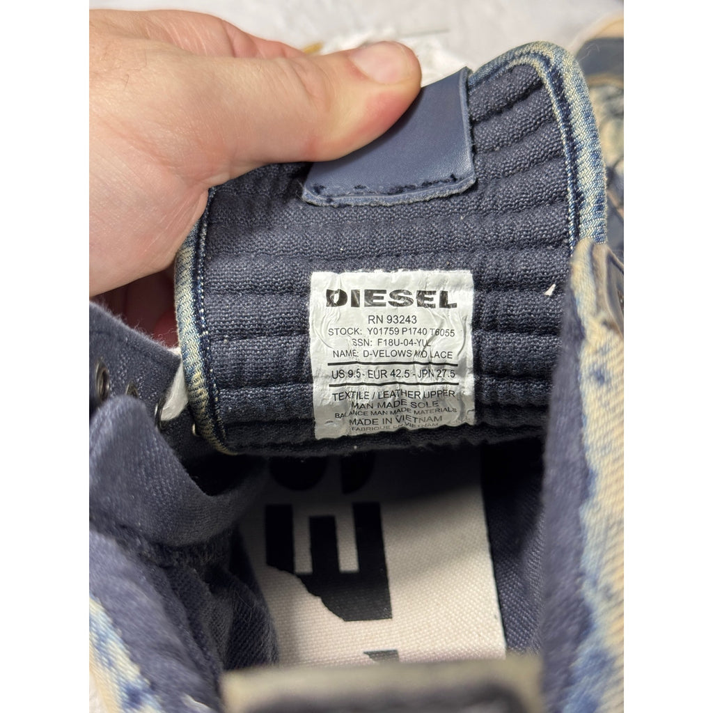 Diesel D-Velows Mid Lace Denim Distressed High Top Sneakers Men’s 9.5 Y2K Grunge