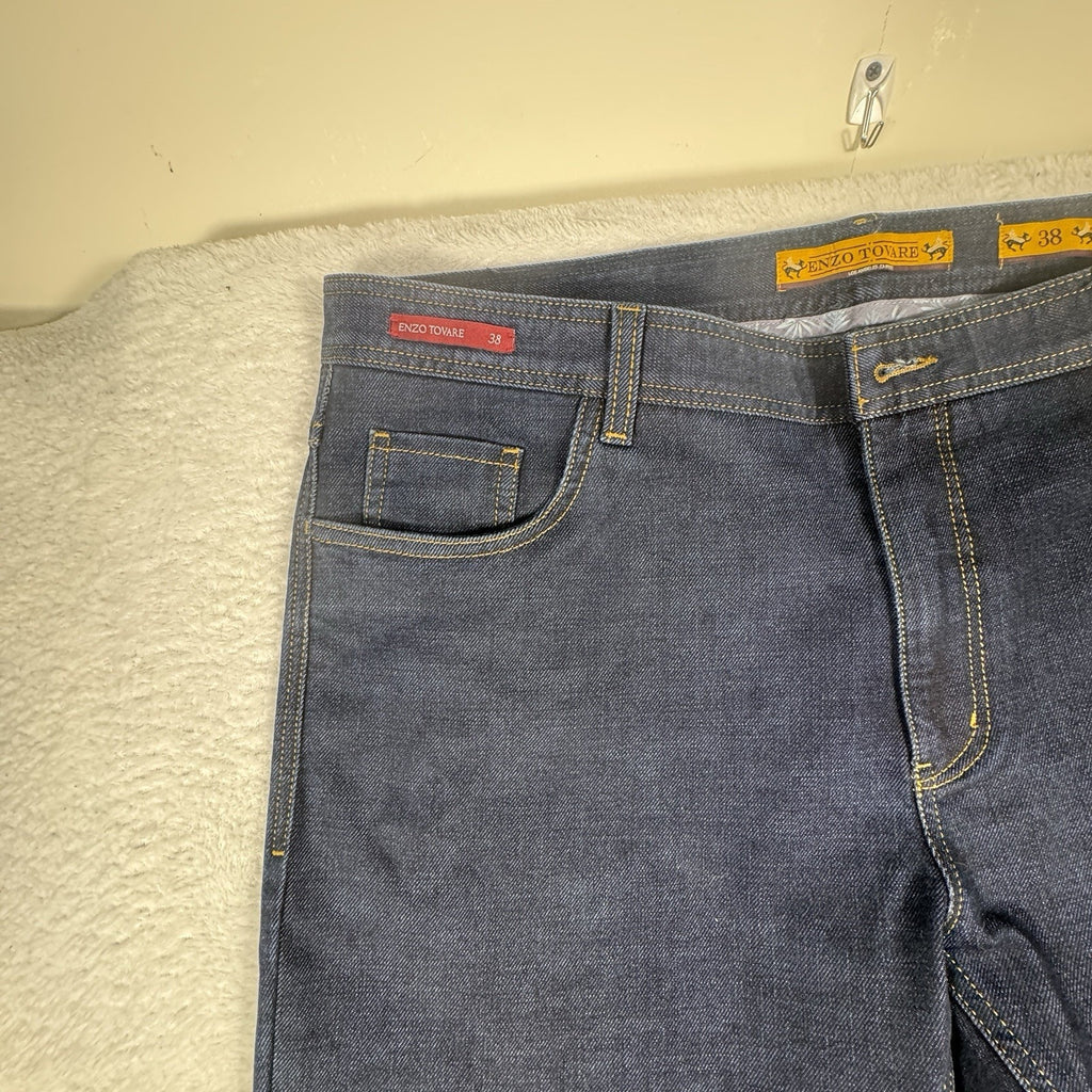 Enzo Tovare Mens 38 x 29 Dark Wash Slim Straight Stretch Denim Jeans Blue