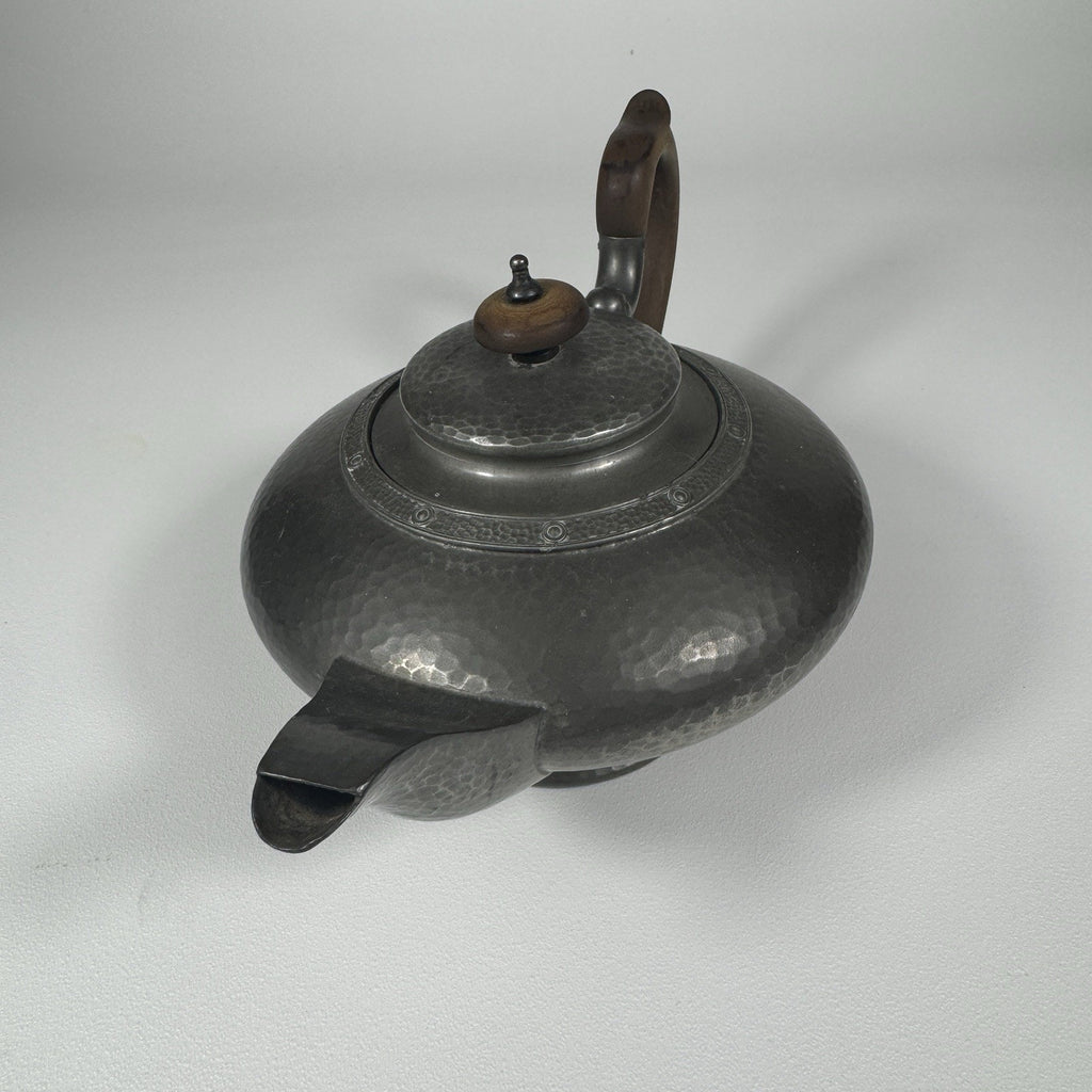 1900s Antique Alex Clark English Pewter Wood No 28 Hand Hammered Teapot London