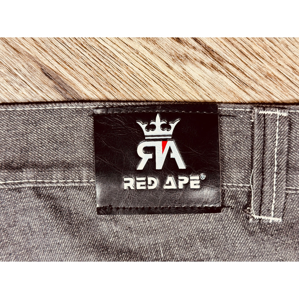 Red Ape Y2K Gray Baggy Jeans Argyle Pocket Embroidered Denim 44x33 Rare Streetwear