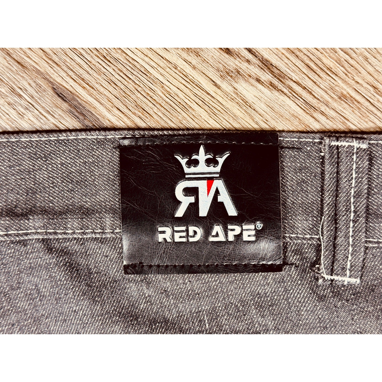 Red Ape Y2K Gray Baggy Jeans Argyle Pocket Embroidered Denim 44x33 Rare Streetwear