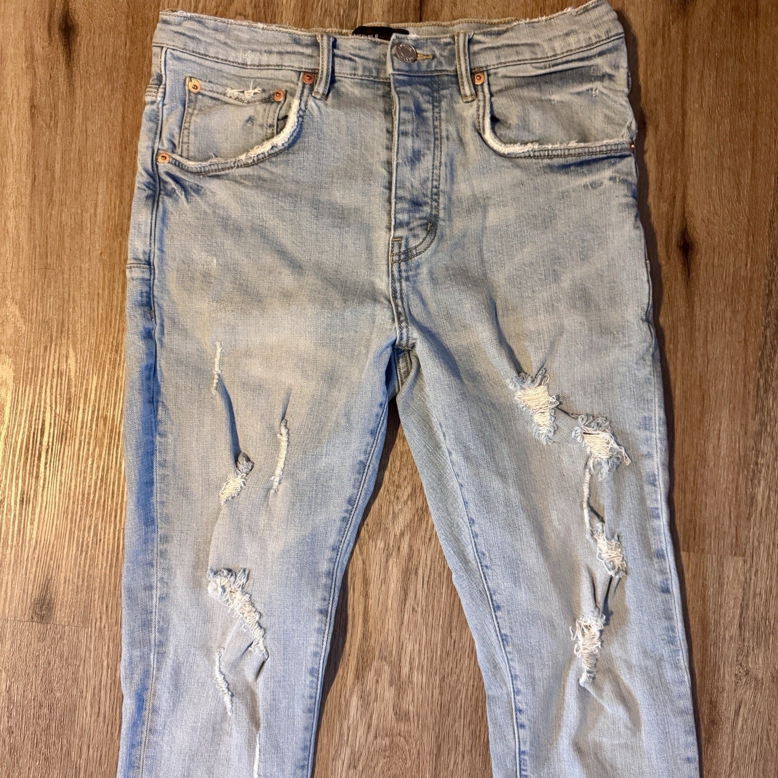 Purple Brand P002 Jeans Mens 30x31 Light Wash Distressed Slim Tapered Denim Rips