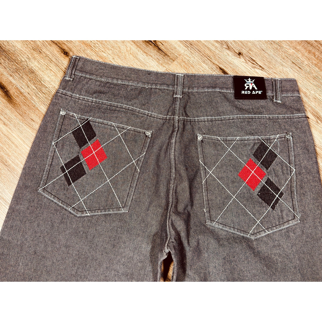 Red Ape Y2K Gray Baggy Jeans Argyle Pocket Embroidered Denim 44x33 Rare Streetwear