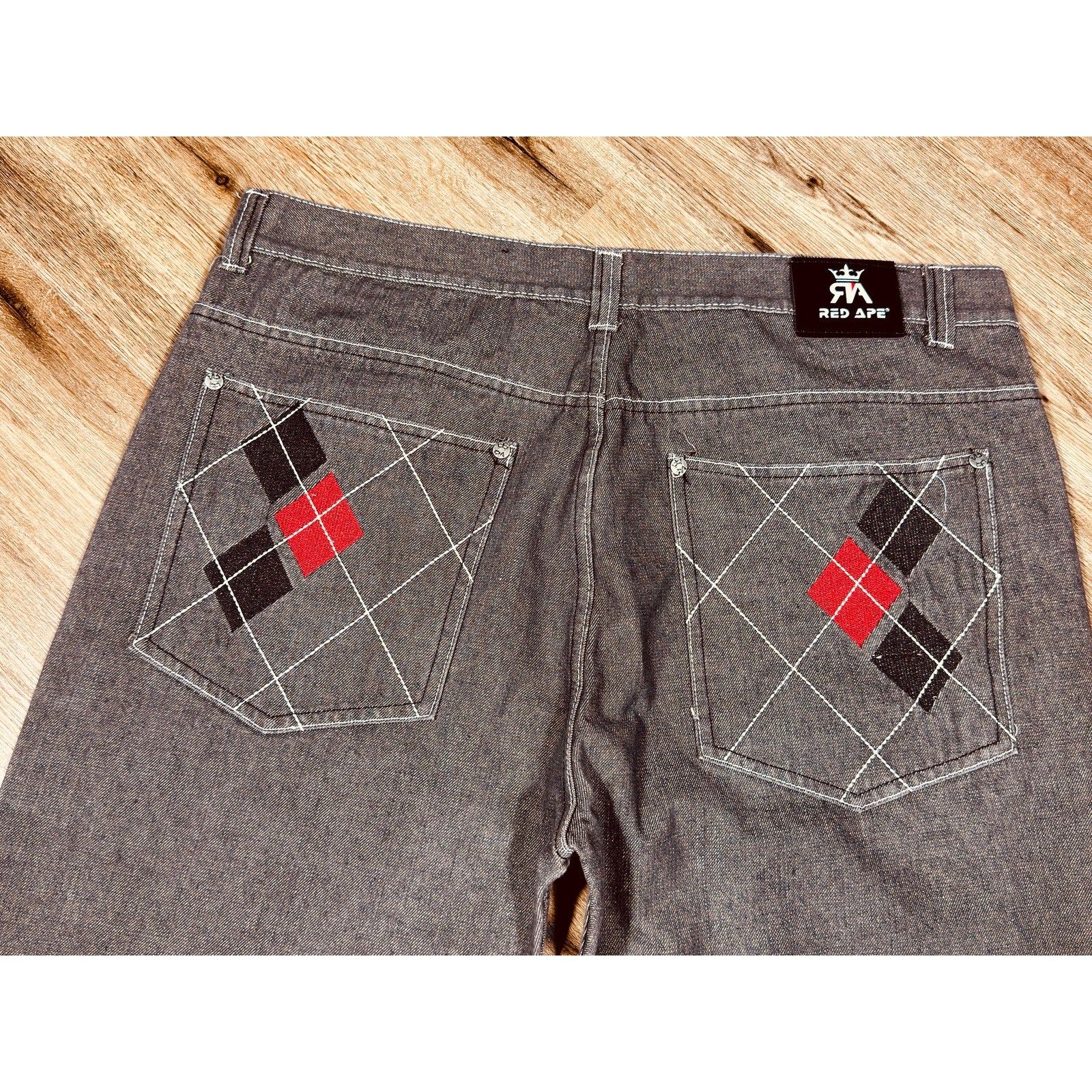 Red Ape Y2K Gray Baggy Jeans Argyle Pocket Embroidered Denim 44x33 Rare Streetwear