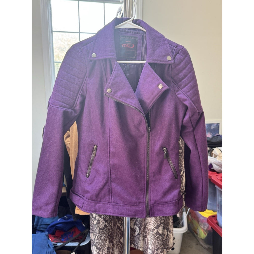 Yoki New York Women’s Purple Moto Jacket Size M Faux Wool Biker Style Zip Pocket