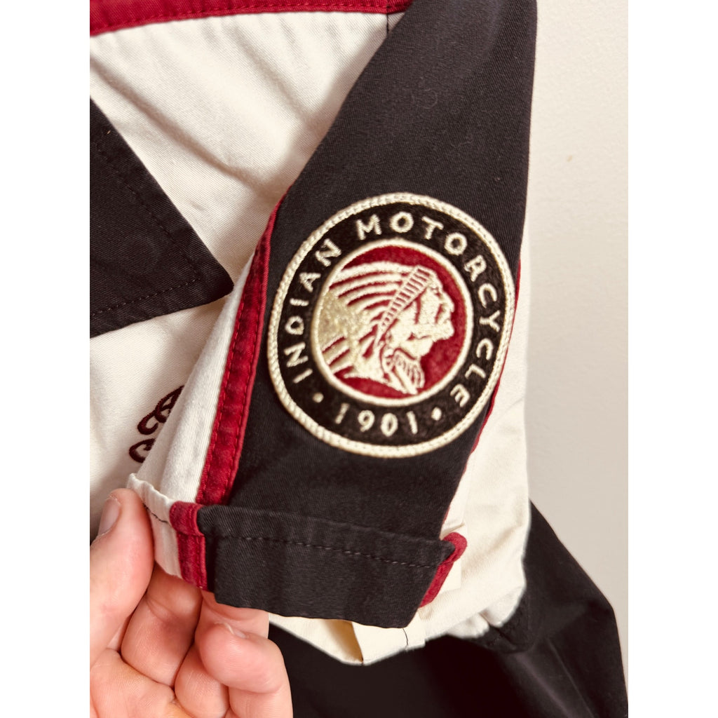 Indian Motorcycle Women’s Medium Button Up Garage Shop Shirt Black Red Biker