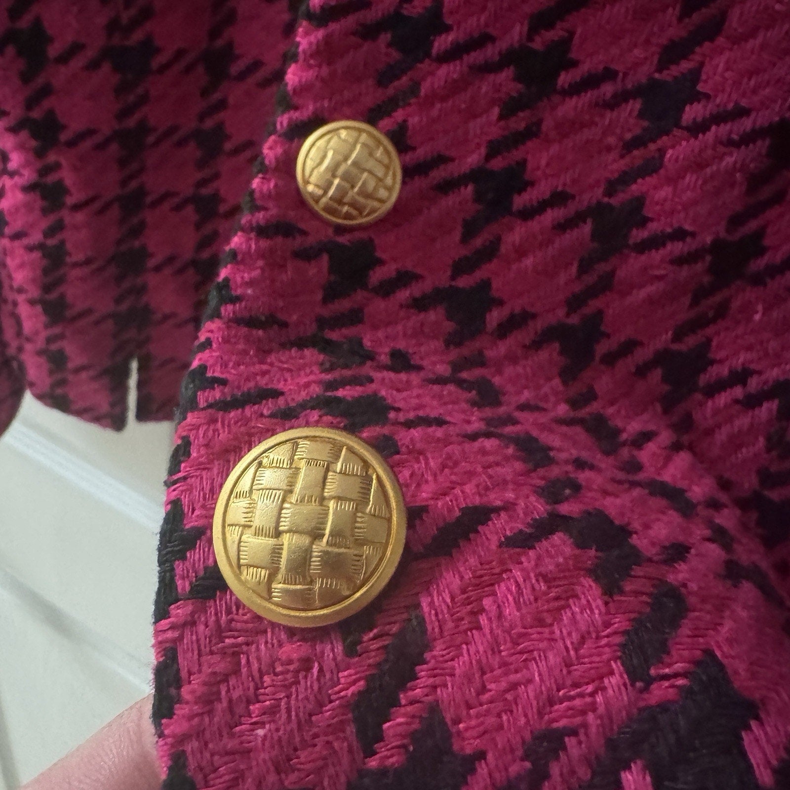 Vintage Doncaster 100% Silk Pink Black Houndstooth Blazer Women’s Size 10
