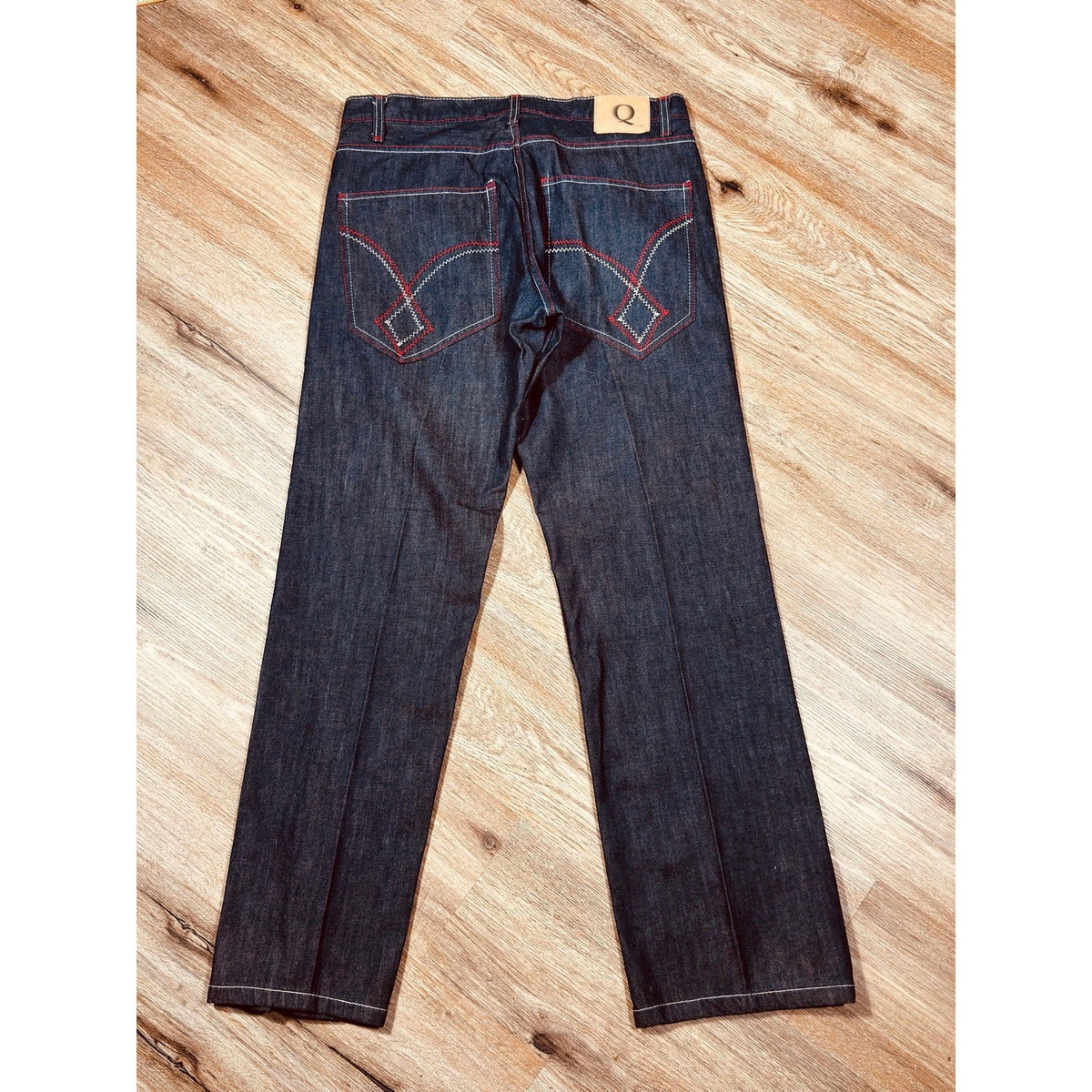 Q by Qruel Y2K Dark Wash Designer Jeans Contrast Stitch Straight Leg Men’s 36x33