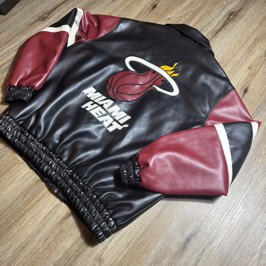 Vintage Y2K Miami Heat NBA Basketball Black Leather Bomber Jacket Men’s XL RARE
