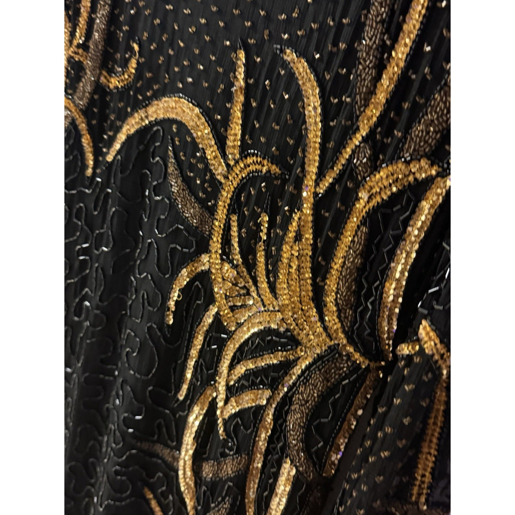 Vtg 1970-80s Jewel Queen 100% Pure Silk Black Gold Beaded Cocktail Dress Large