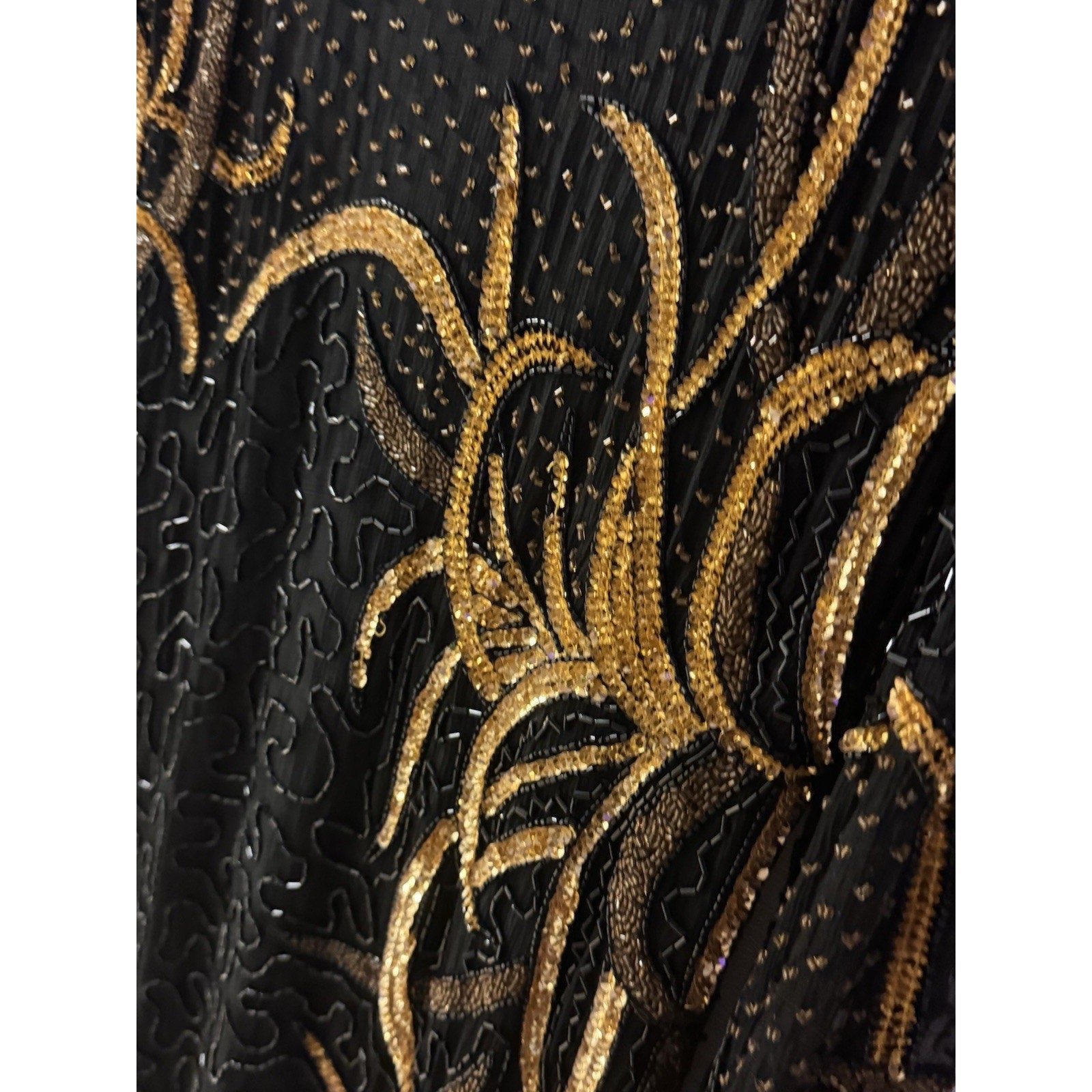Vtg 1970-80s Jewel Queen 100% Pure Silk Black Gold Beaded Cocktail Dress Large