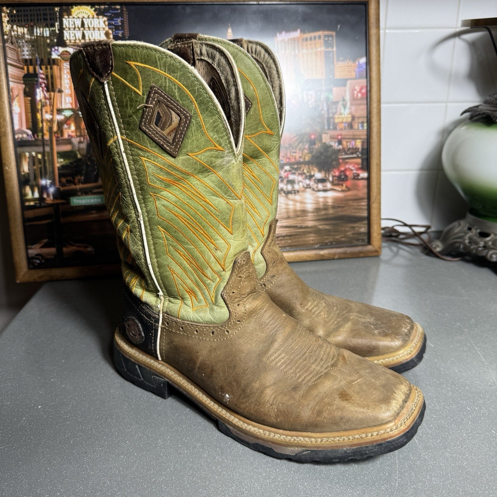 Justin Hybred WK4970 Green Grass Square Toe Wellington EH Work Boots Men’s 8.5D