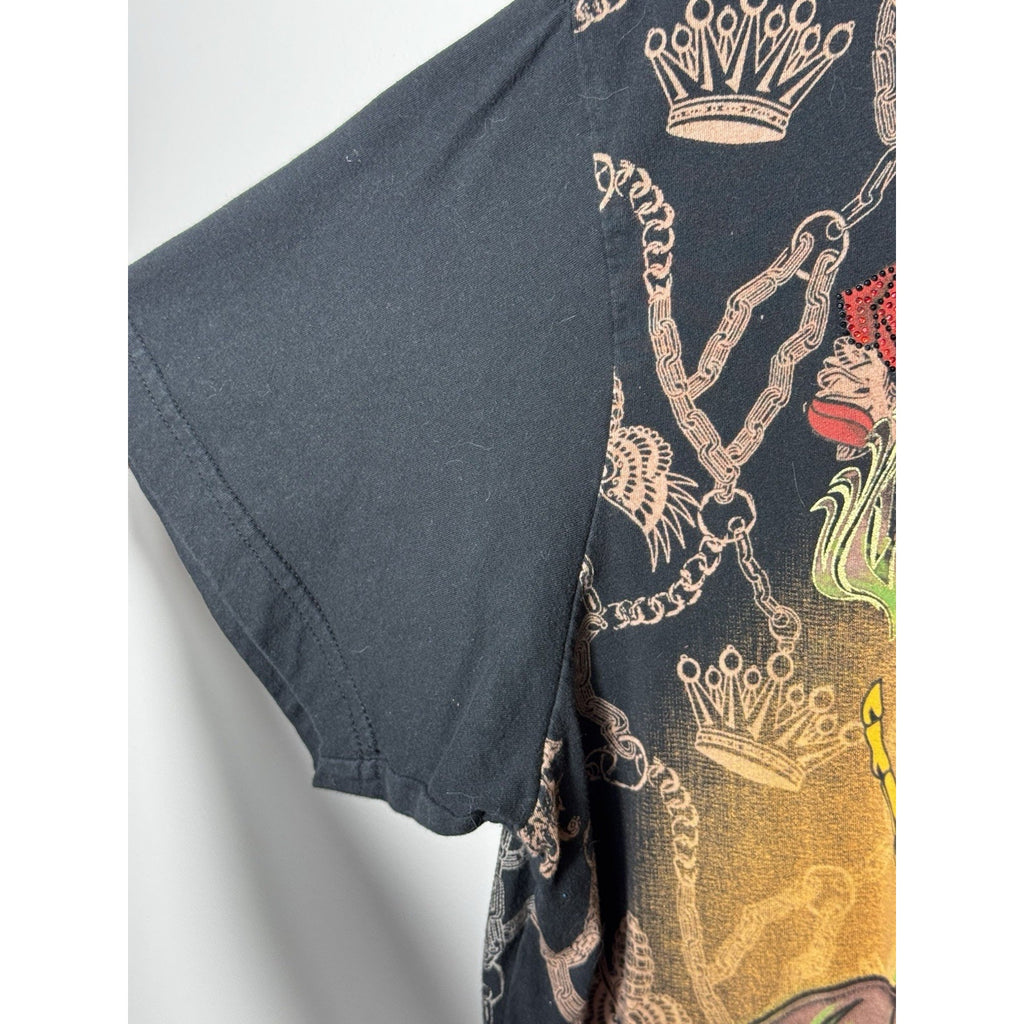 Vtg Christian Audigier Skulls Roses Tee XL Rhinestone Tattoo All Over Print