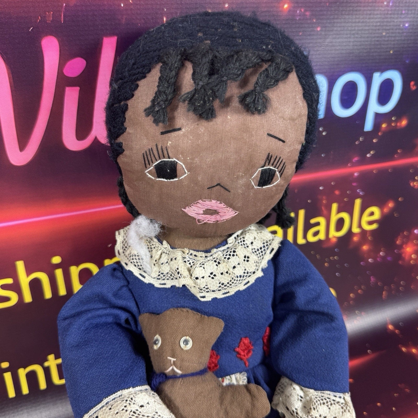 Vintage Handmade African American Cloth Rag Doll Blue Lace Dress Cat 1970s 80s