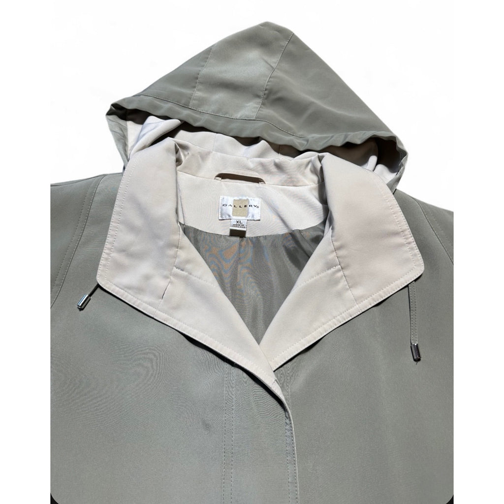 Vintage Gallery Sage Green Hooded Trench Coat Long Rain Jacket Women XL
