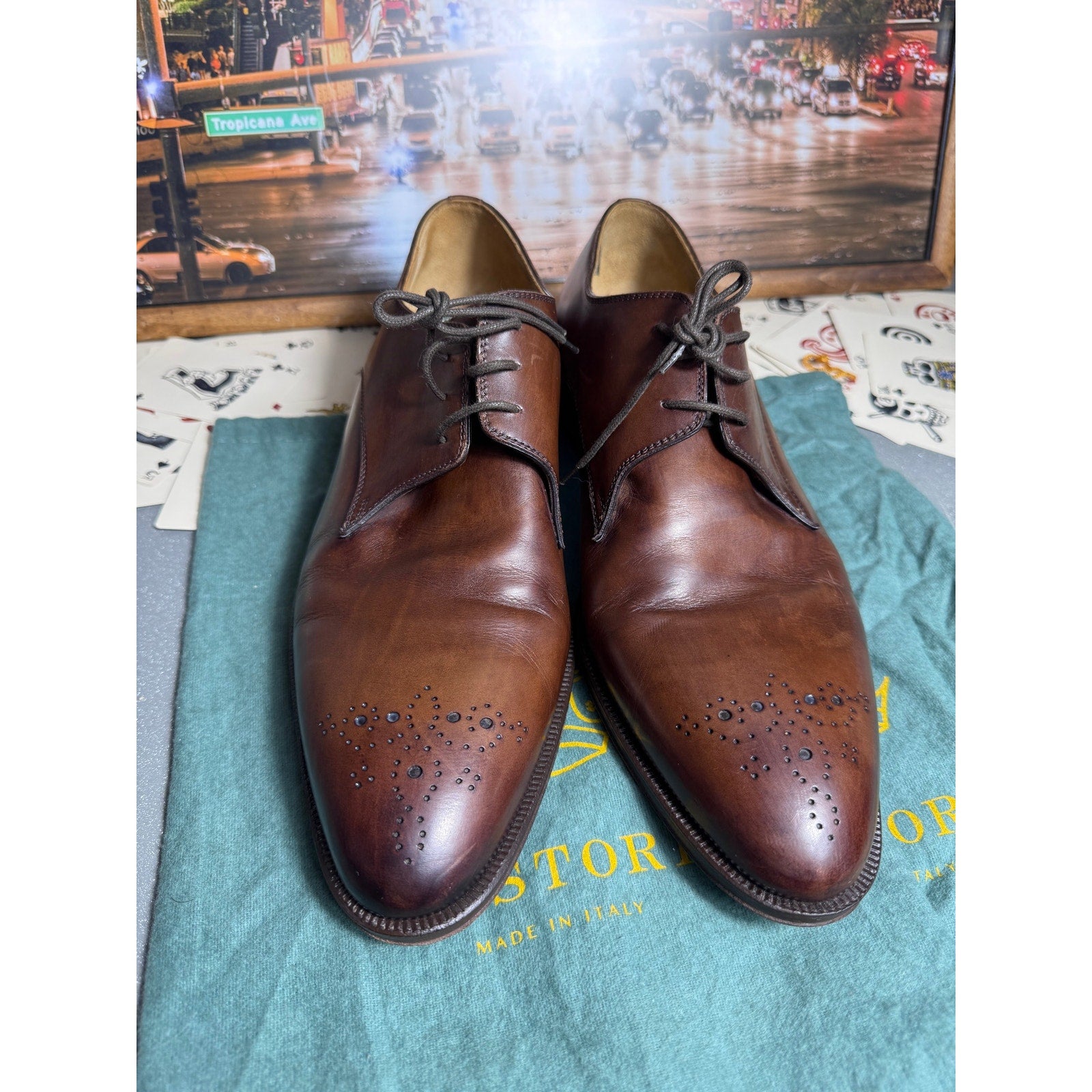 Pastori Handmade Italian Brown Leather Medallion Derby Dress Shoes EU 44 US 11