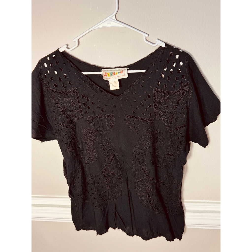 Vintage Thimsup Black Embroidered Eyelet Boho Top Blouse Rayon Indie Festival S